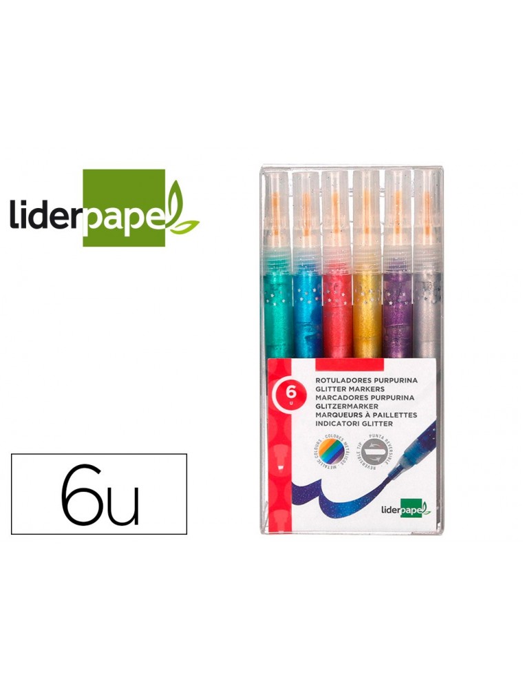 Rotulador liderpapel efecto purpurina metalizada punta reversible en colores surtidos caja de 6 unidades