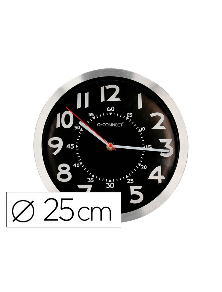 Reloj q-connect de pared metalico redondo 25 cm movimiento silencioso color negro con esfera cromado