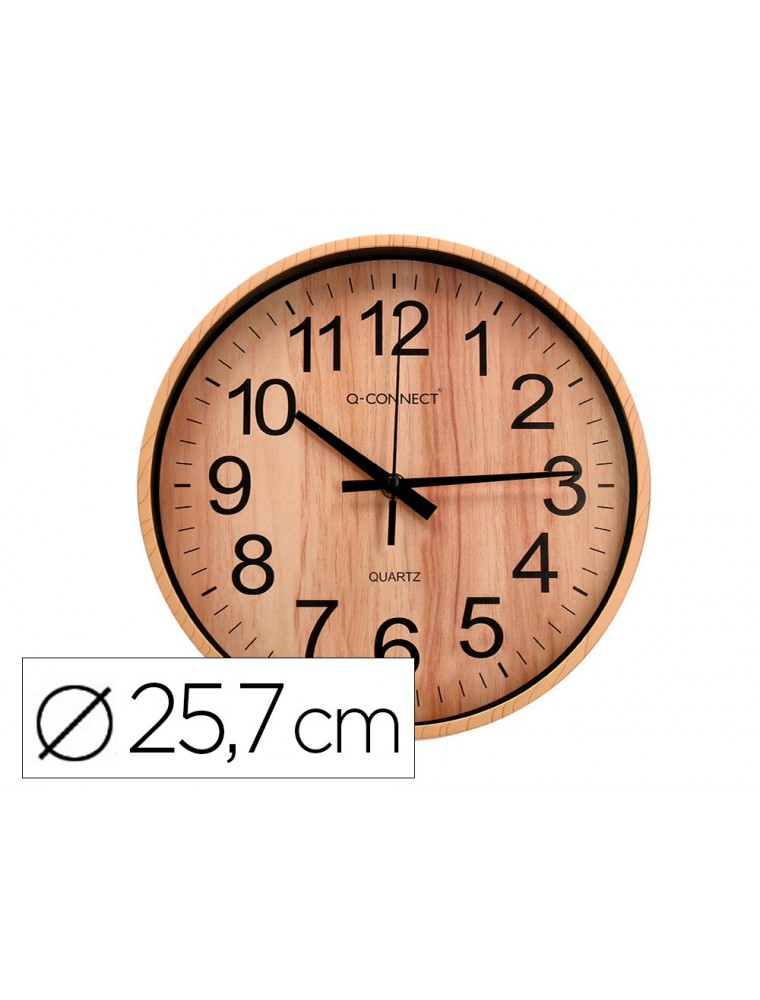 Reloj q-connect de pared de plastico redondo 25,7 cm movimiento silencioso color madera natural