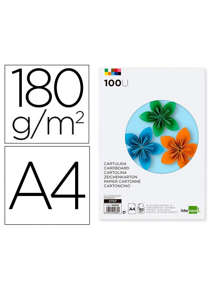 Cartulina liderpapel a4 180gm2 25 colores surtidos paquete de 100 hojas