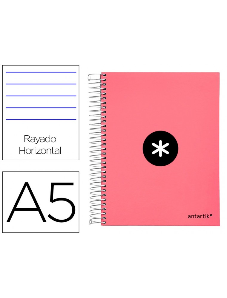 Cuaderno espiral liderpapel a5 micro antartik tapa forrada120h 100 gr horizontal 5 banda6 taladros color coral