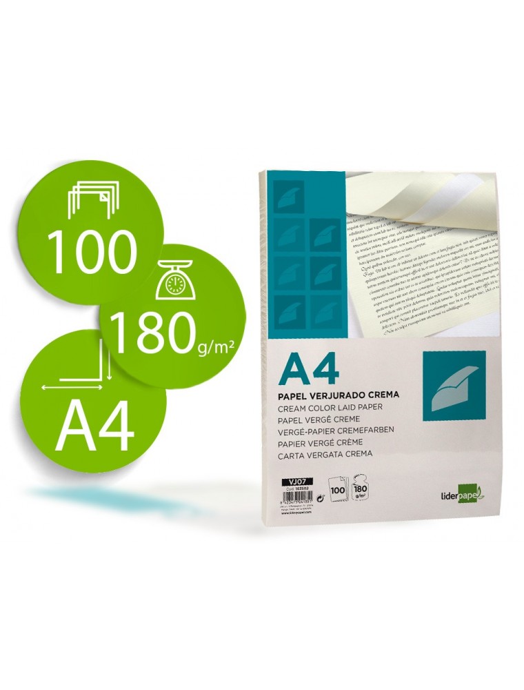 Papel verjurado liderpapel a4 180gm2 crema paquete de 100 hojas