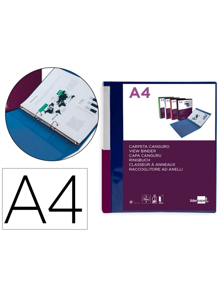 Carpeta liderpapel canguro 2 anillas 25 mm mixtas polipropileno din a4 azul translucido