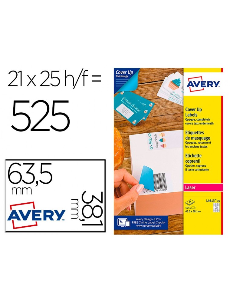 Etiqueta adhesiva avery permanente para impresora laser blanca 63,5x38,1 mm caja de 525 unidades