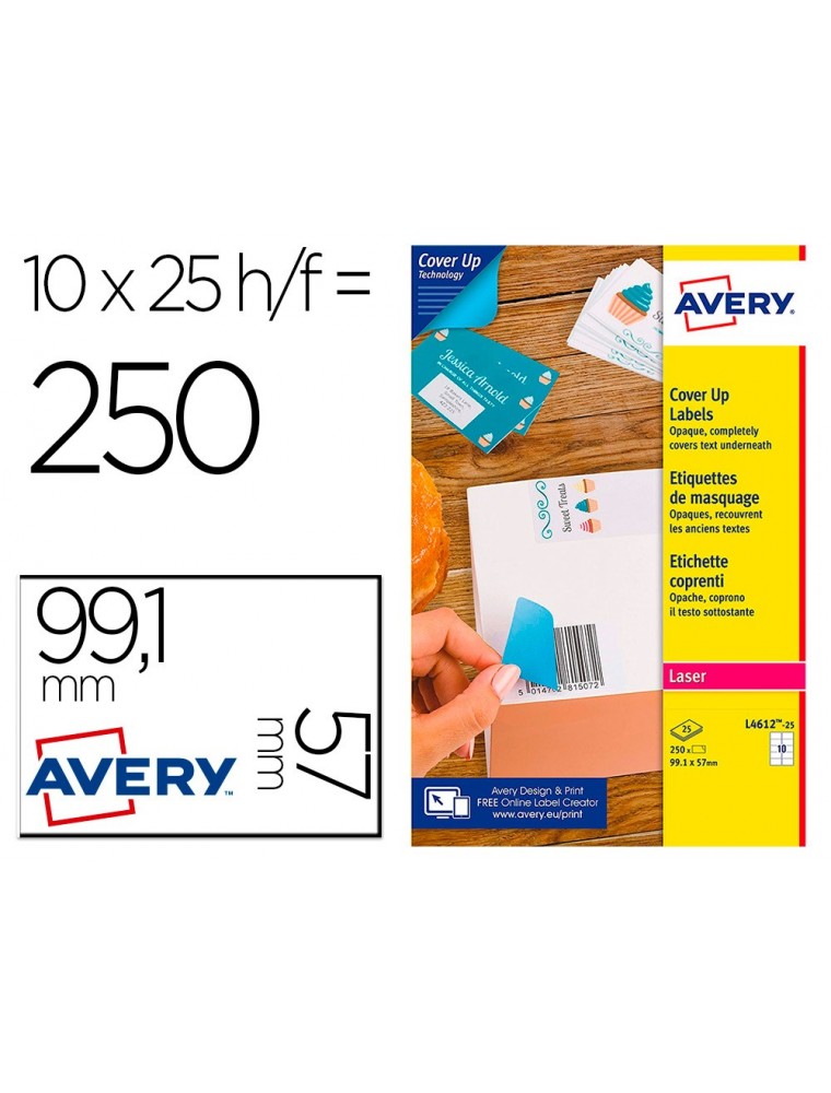 Etiqueta adhesiva avery permanente para impresora laser blanca 99,1x57 mm caja de 250 unidades