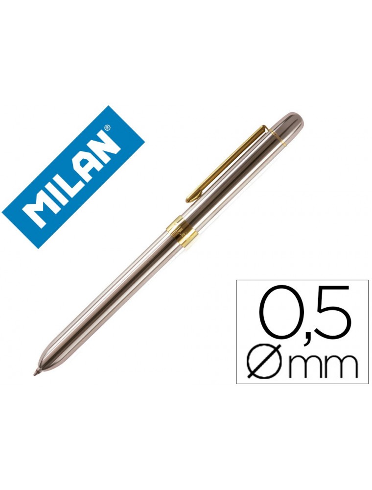 Boligrafo milan multifuncion cromado adornos dorados azulrojoportaminas 0,5 mm goma de borrar en caja metal