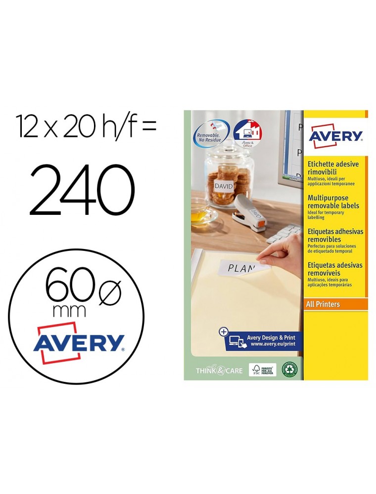 Etiqueta adhesiva avery blanca redonda removible para impresora laser inyeccion tinta fotocopiadora 37 mm