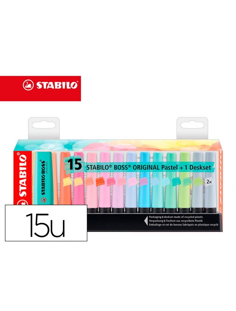 Rotulador stabilo boss fluorescente 70 pastel deskset estuche de 15 unidades colores surtidos