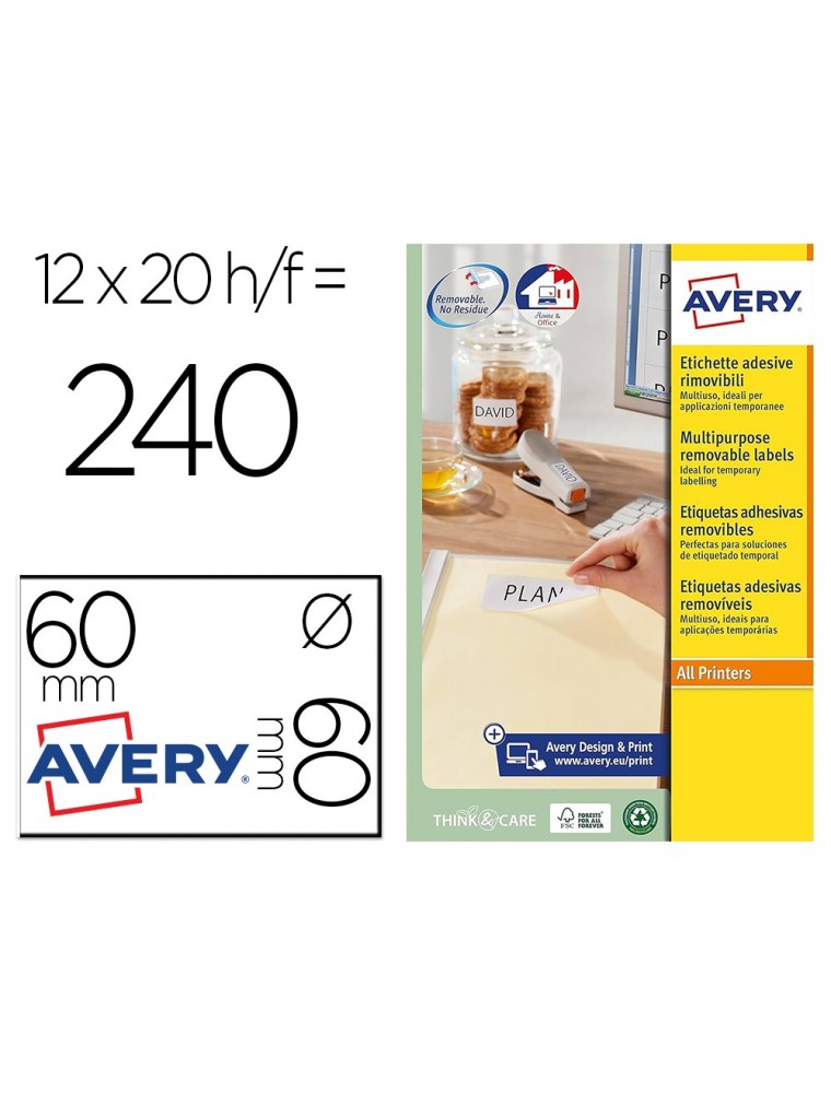 Etiqueta adhesiva avery blanca redonda removible para impresora laser inyeccion tinta fotocopiadora 60 mm