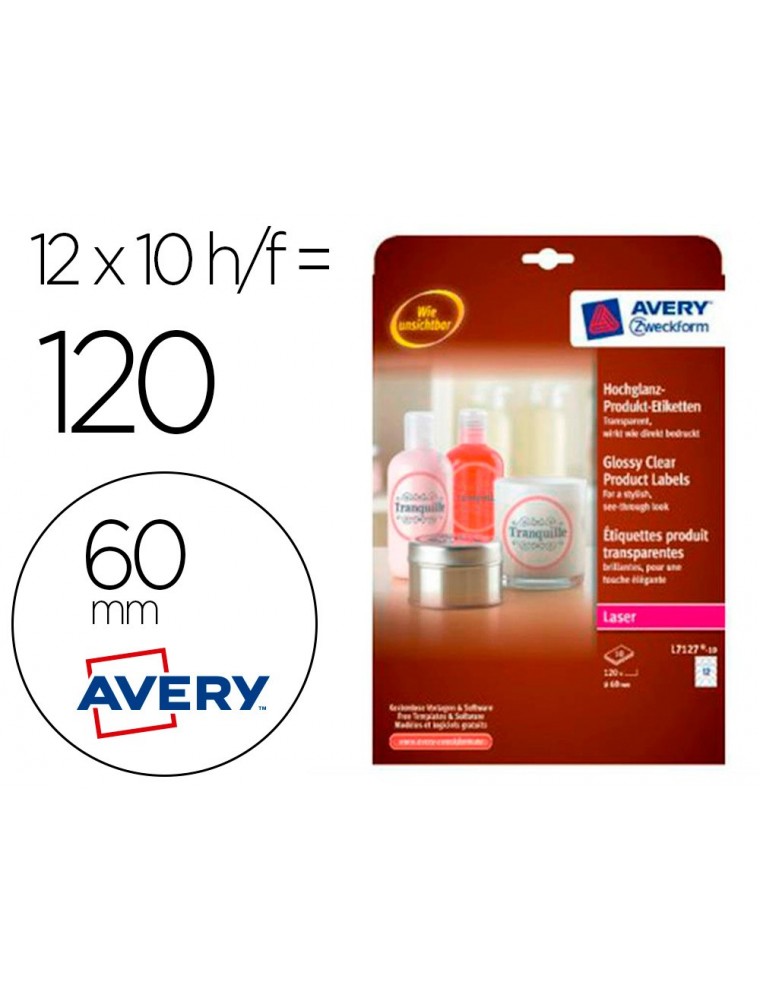 Etiqueta adhesiva avery brillante invisible redonda para impresora laser 60 mm caja de 120