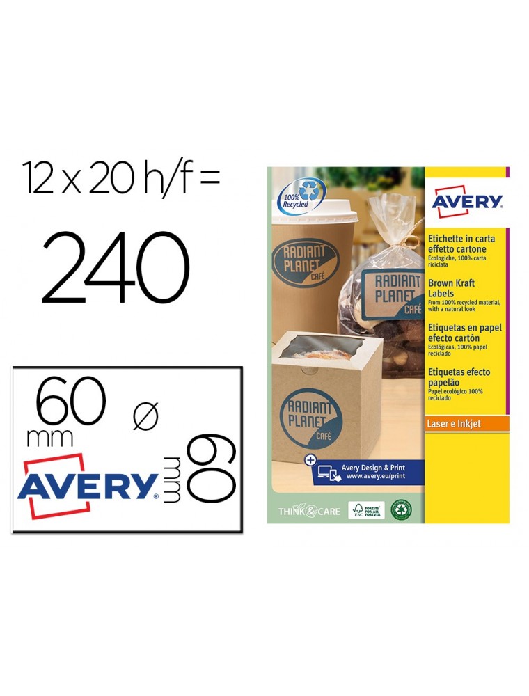 Etiqueta adhesiva avery kraft efecto carton redonda 60 mm removible para laser ink-jet