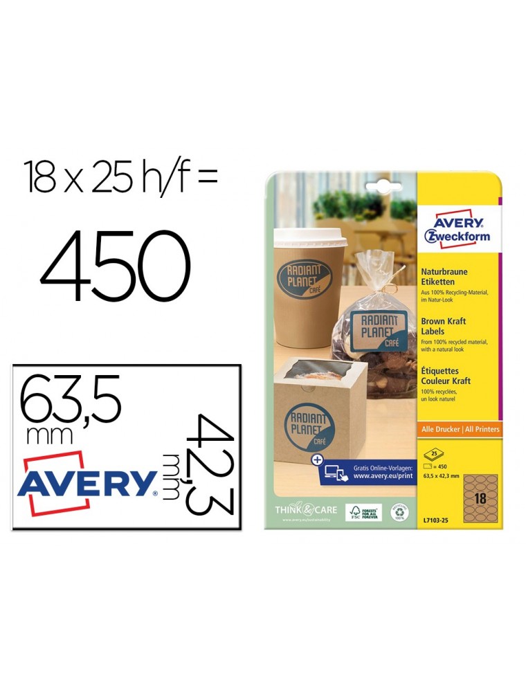 Etiqueta adhesiva avery kraft efecto carton ovalada 63,5x42,3 mm removible para laser ink-jet