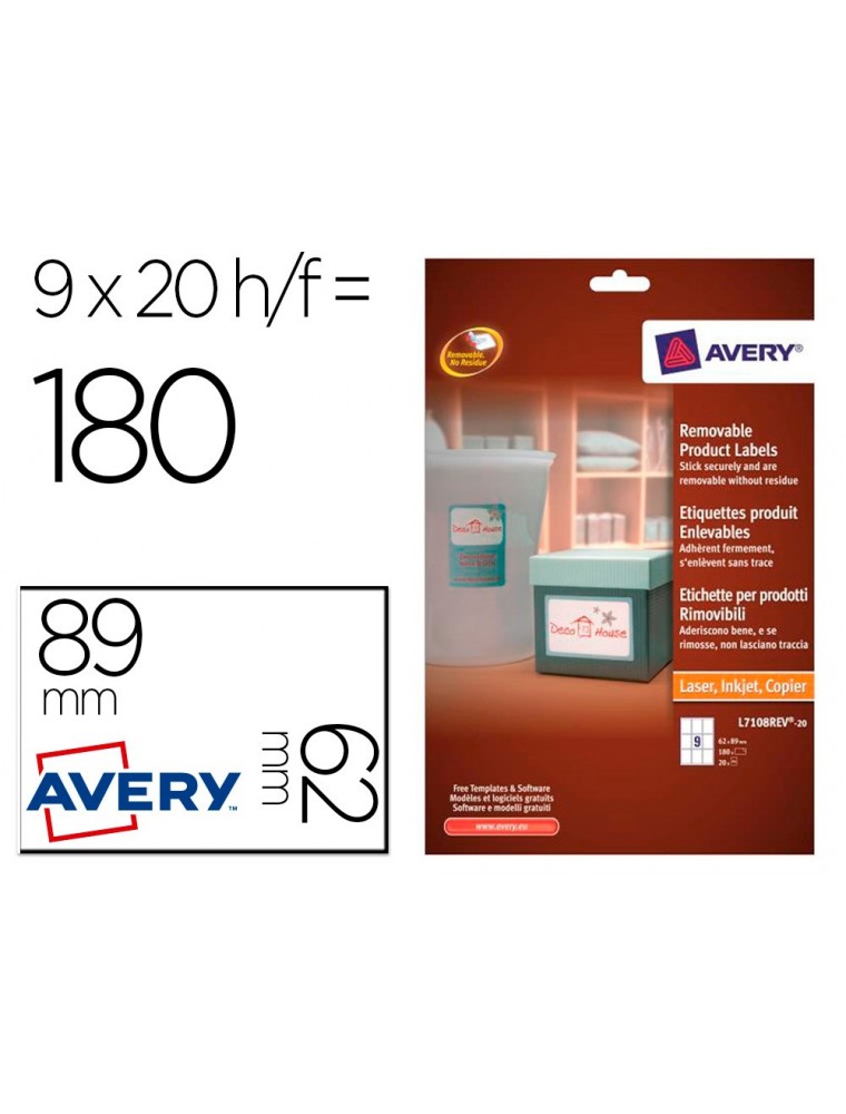 Etiqueta adhesiva avery removible para impresora laser inyeccion tinta fotocopiadora blanca 62x89 mm