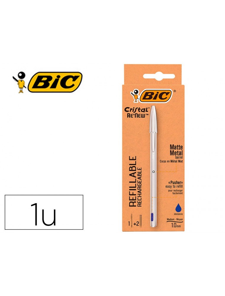 Boligrafo bic cristal renew tinta azul con cuerpo en aluminio mate mas 2 recambios en caja carton