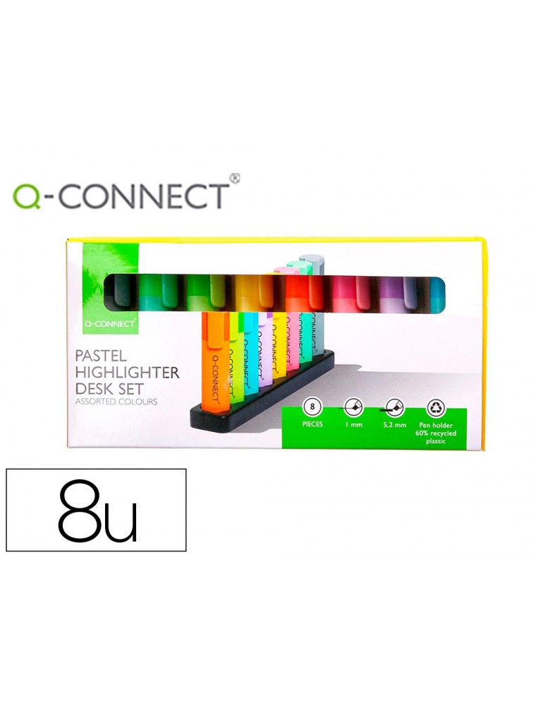 Rotulador q-connect fluorescente pastel punta biselada estuche de sobremesa 8 colores surtidos