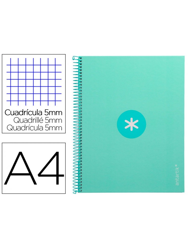 Cuaderno espiral liderpapel a4 micro antartik tapa forrada 80h 90 gr cuadro 5mm 1 banda 4 taladros menta