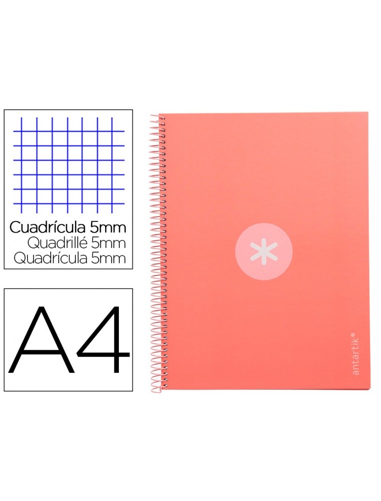 Cuaderno espiral liderpapel a4 micro antartik tapa forrada 80h 90 gr cuadro 5mm 1 banda 4 taladros rosa claro