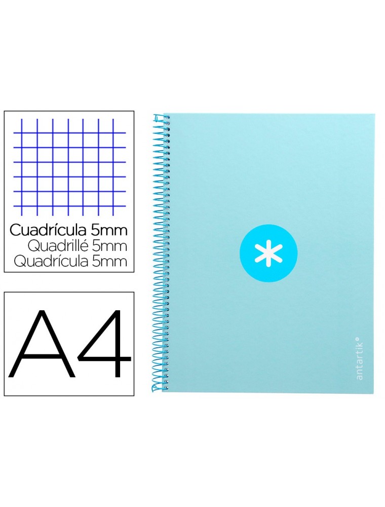 Cuaderno espiral liderpapel a4 micro antartik tapa forrada 80h 90 gr cuadro 5mm 1 banda 4 taladros celeste