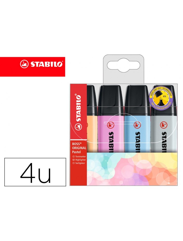 Rotulador stabilo boss fluorescente 70 pastel estuche de 4 unidades colores nuevos 2021 surtidos