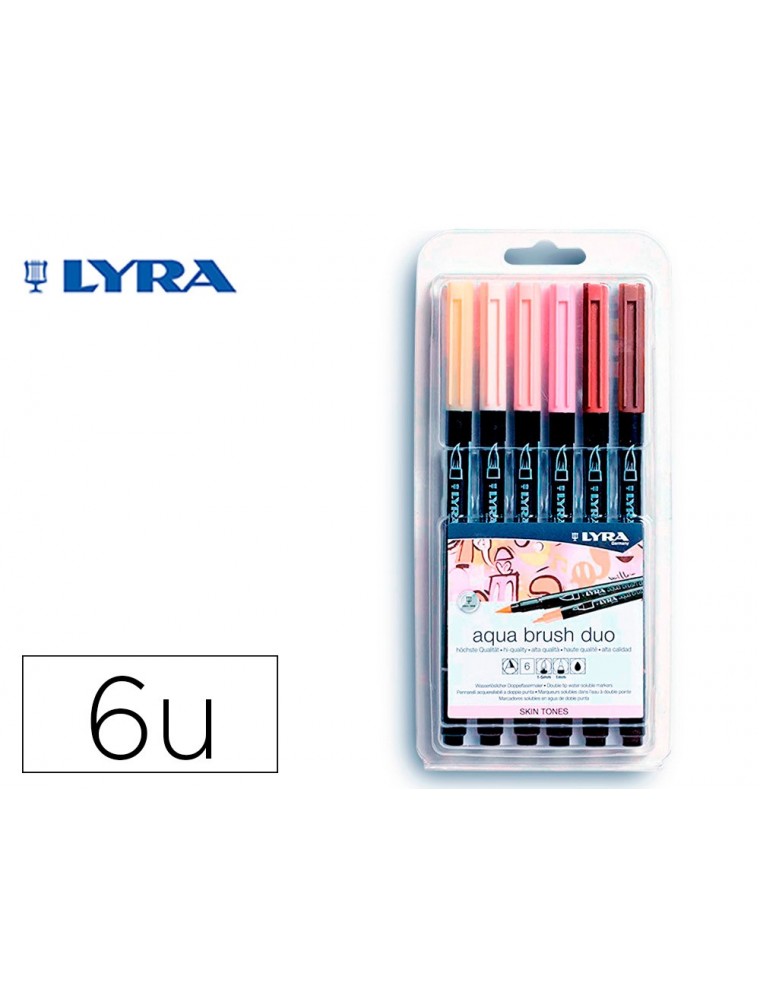 Rotulador lyra aqua brush acuarelable doble punta y pincel tonos piel blister de 6 unidades surtidas