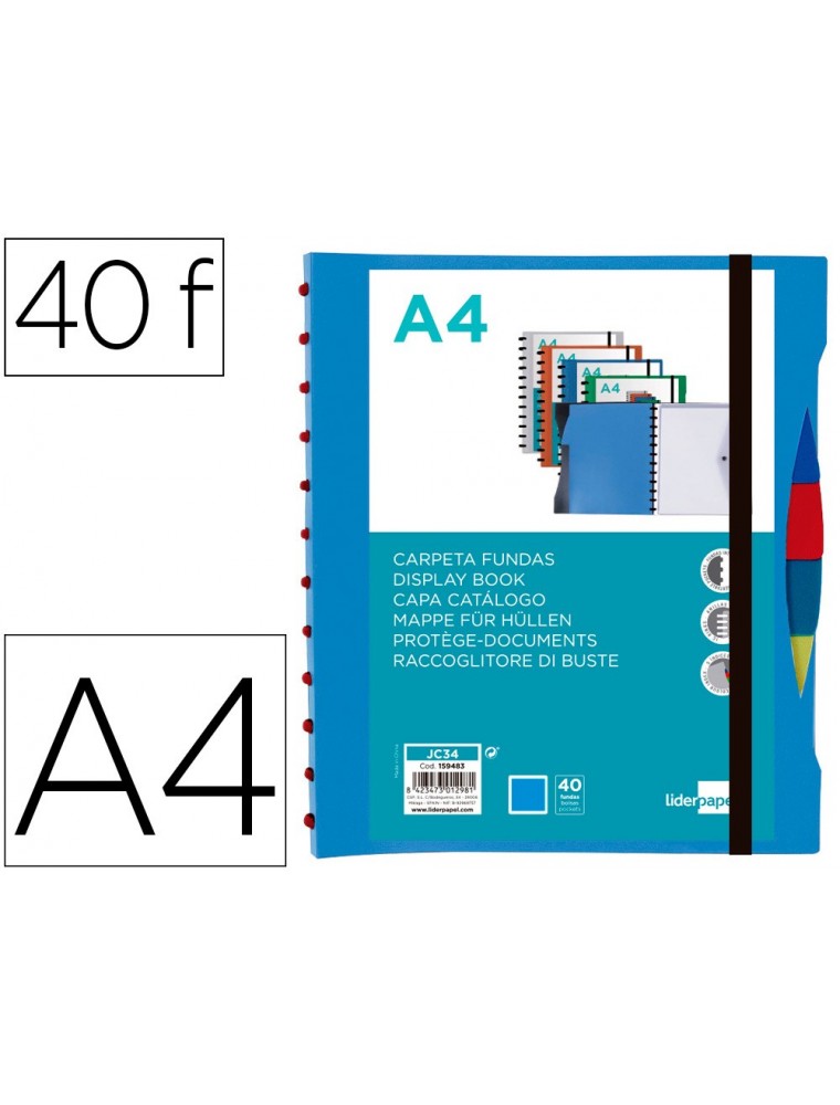 Carpeta liderpapel a4 con 40 fundas intercambiables 5 sep sobre y gomilla portada y lomo personalizable azul