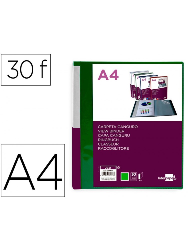 Carpeta liderpapel 30 fundas canguro pp din a4 verde translucido portada y lomo personalizable