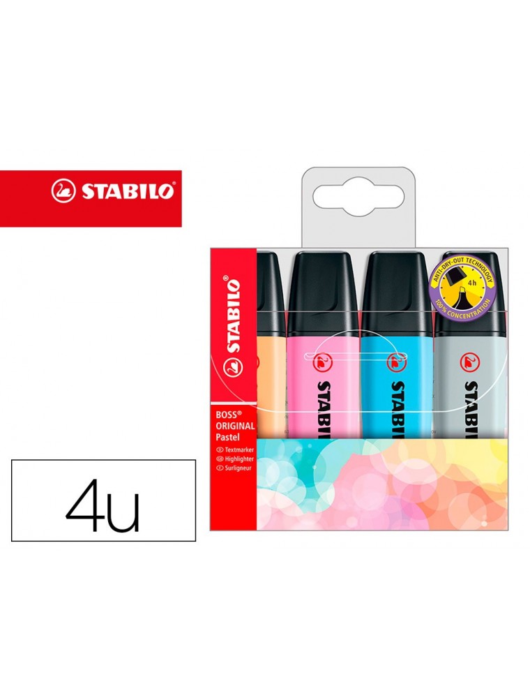 Rotulador stabilo boss fluorescente 70 pastel estuche de 4 unidades colores surtidos