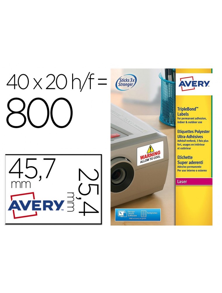 Etiqueta adhesiva resistente avery poliester super adherente blanca 45,7x25,4 mm laser pack de 800 unidades