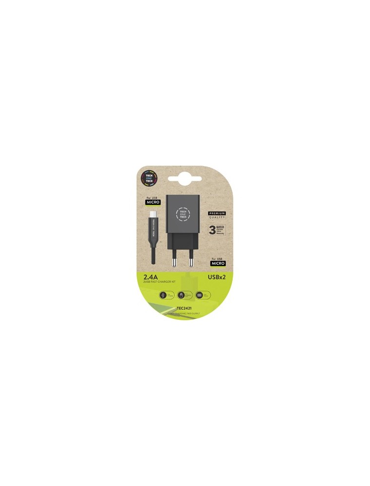 Cargador tech one tech 2.4 doble usb  cable braided nylon micro usb android longitud 1 mt color negro