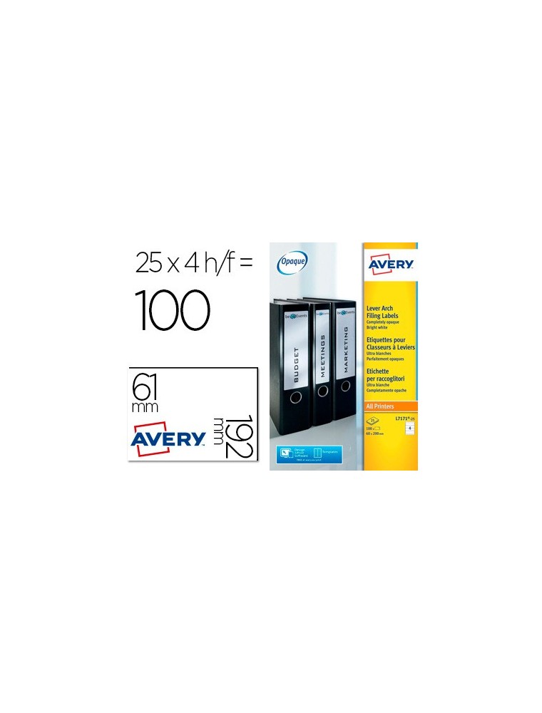 Etiqueta adhesiva avery permanente blanca 61x192 mm para lomo archivador laser caja de 100 unidades