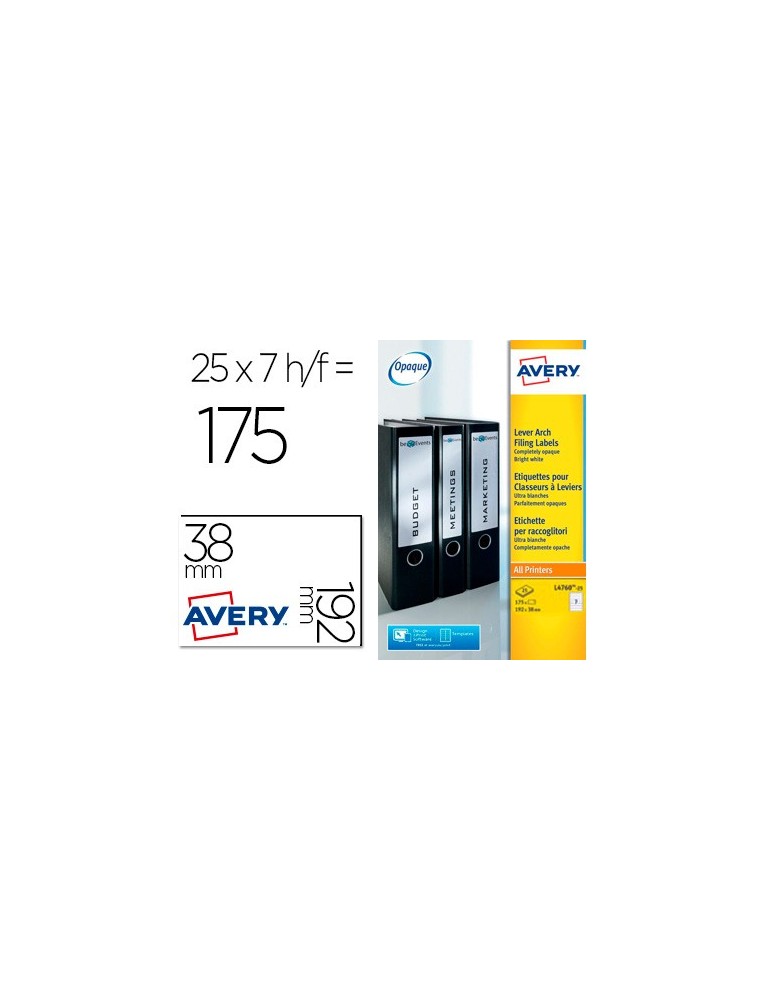 Etiqueta adhesiva avery permanente blanca 38x192 mm para lomo archivador laser caja de 175 unidades