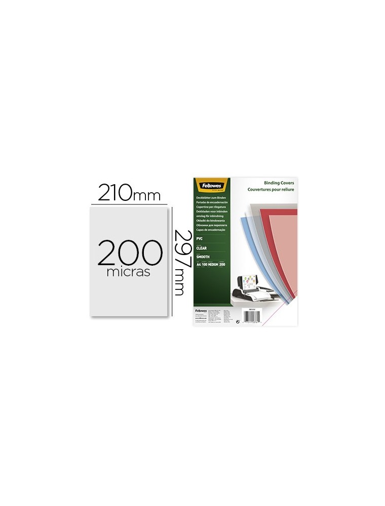 Tapa de encuadernacion fellowes din a4 pvc transparente cristal 200 micras pack de 100 unidades