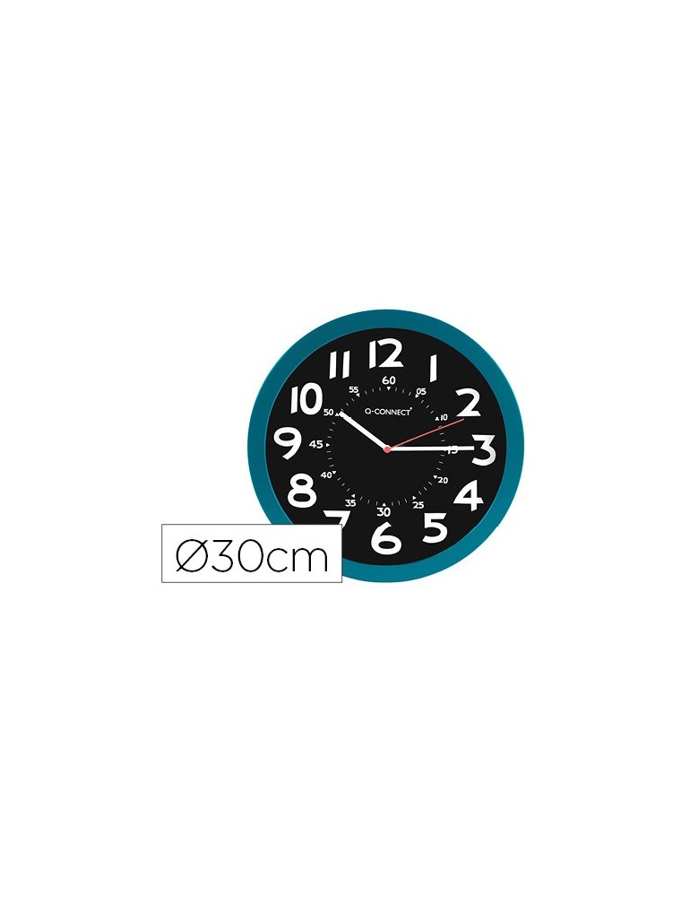 Reloj q-connect de pared plastico oficina redondo 30 cm color azul y esfera color negro