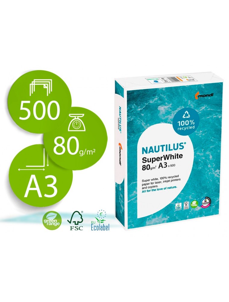 Papel fotocopiadora nautilus superwhite 100 reciclado din a3 80 gramos paquete de 500 hojas