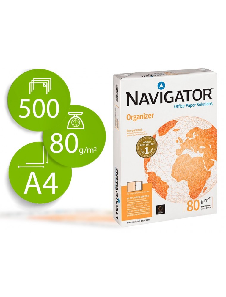 Papel fotocopiadora navigator din a4 80 gramos 2 taladros papel multiuso ink-jet y laser paquete de 500 hojas