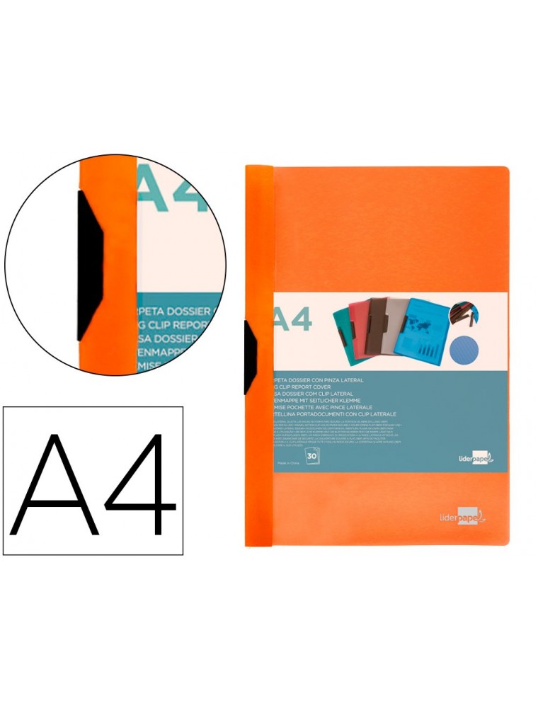 Carpeta liderpapel dossier pinza lateral polipropileno din a4 naranja fluor opaco 30 hojas pinza deslizante