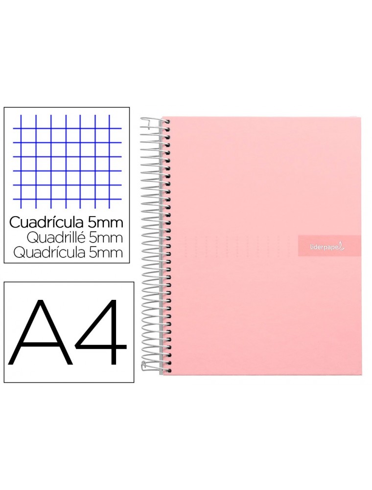 Cuaderno espiral liderpapel a4 micro crafty tapa forrada 120h 90 gr cuadro 5 mm 5 bandas 4 colores color rosa