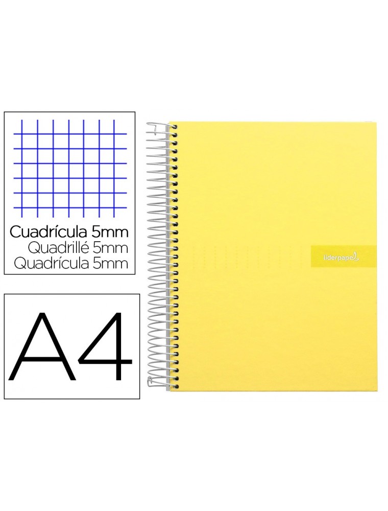 Cuaderno espiral liderpapel a4 micro crafty tapa forrada 120h 90gr cuadro 5mm 5 bandas 4 taladros color amarillo