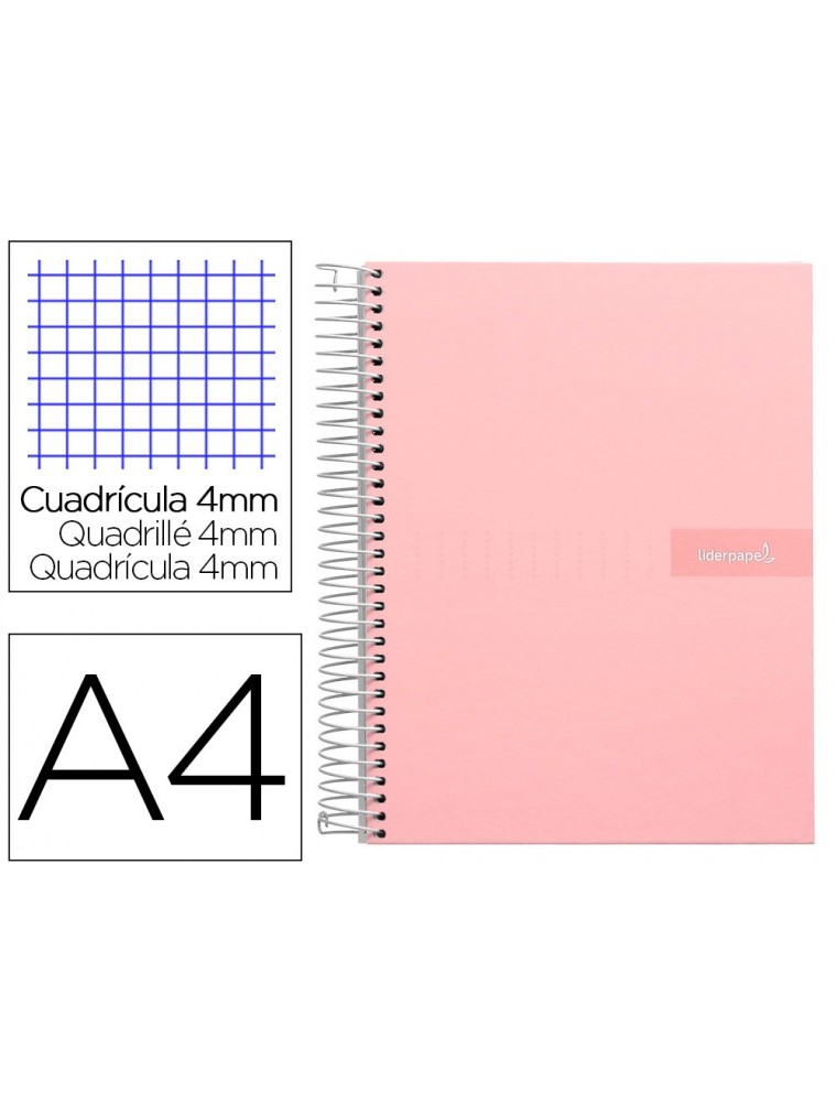 Cuaderno espiral liderpapel a4 crafty tapa forrada 80h 90 gr cuadro 4mm con margen color rosa