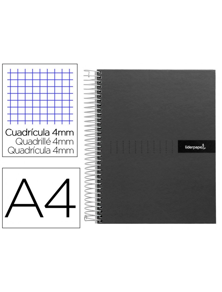 Cuaderno espiral liderpapel a4 crafty tapa forrada 80h 90 gr cuadro 4mm con margen color negro