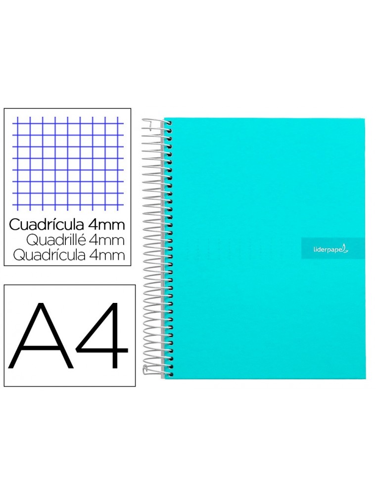 Cuaderno espiral liderpapel a4 crafty tapa forrada 80h 90 gr cuadro 4mm con margen color turquesa