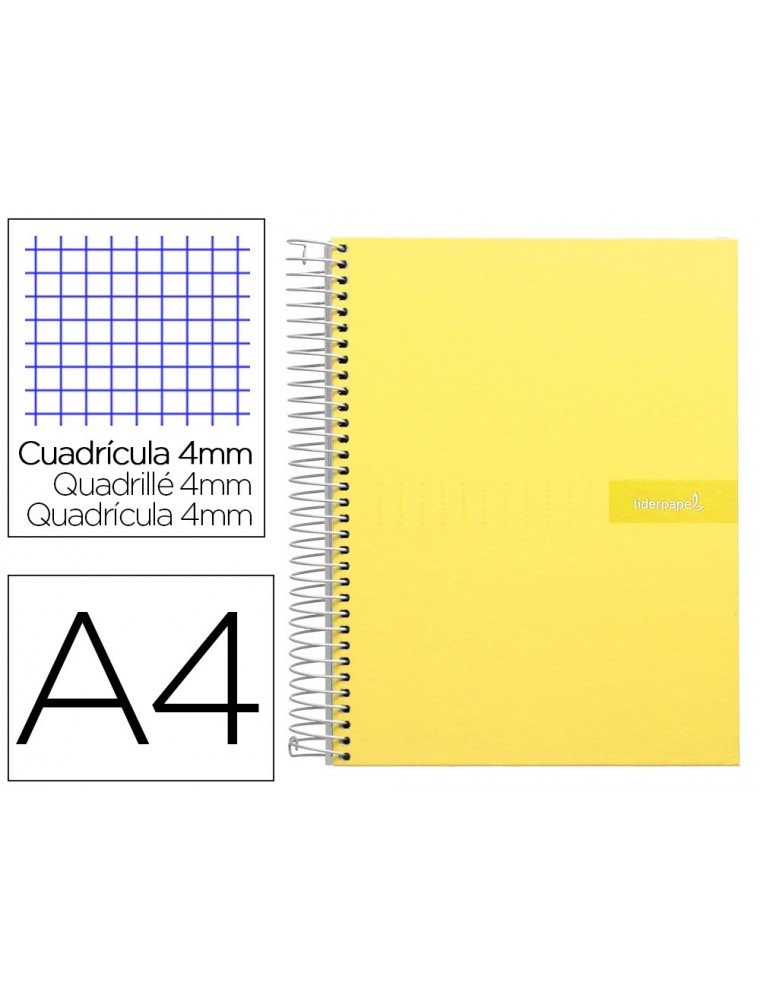 Cuaderno espiral liderpapel a4 crafty tapa forrada 80h 90 gr cuadro 4mm con margen color amarillo