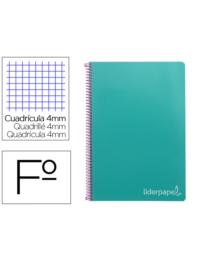 Cuaderno espiral liderpapel folio witty tapa dura 80h 75gr cuadro 4mm con margen color turquesa