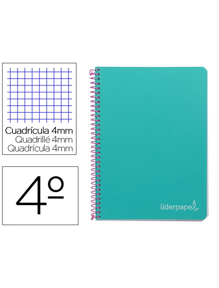 Cuaderno espiral liderpapel cuarto witty tapa dura 80h 75gr cuadro 4mm con margen color turquesa