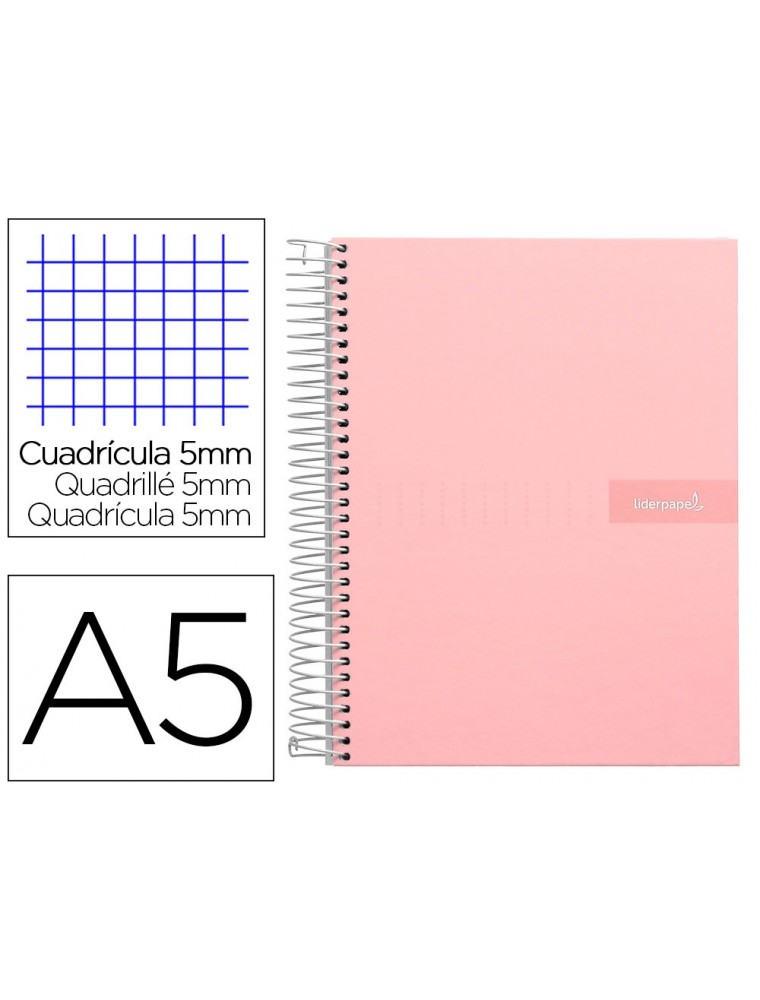 Cuaderno espiral liderpapel a5 micro crafty tapa forrada 120h 90 gr cuadro 5mm 5 bandas6 taladros color rosa