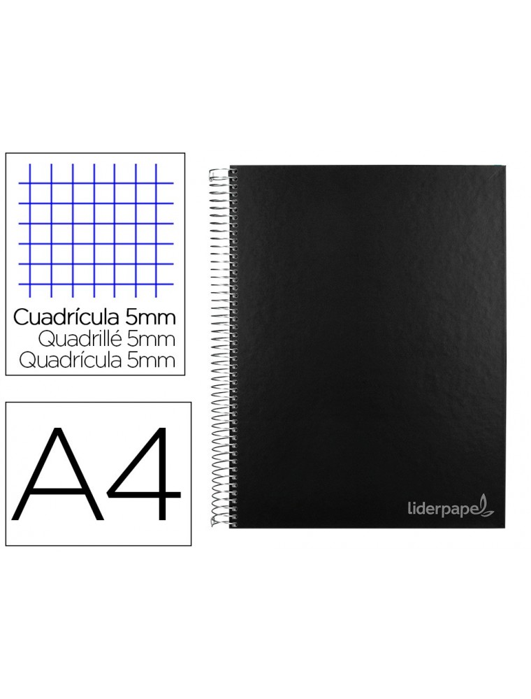 Cuaderno espiral liderpapel a4 micro jolly tapa forrada 140h 75 gr cuadro 5mm 5 bandas 4 taladros color negro