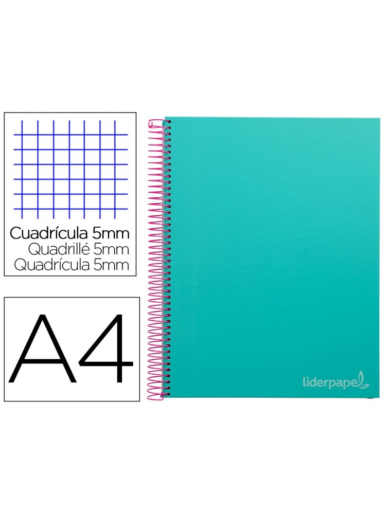 Cuaderno espiral liderpapel a4 micro jolly tapa forrada 140h 75 gr cuadro 5mm 5 bandas4 taladros color turquesa