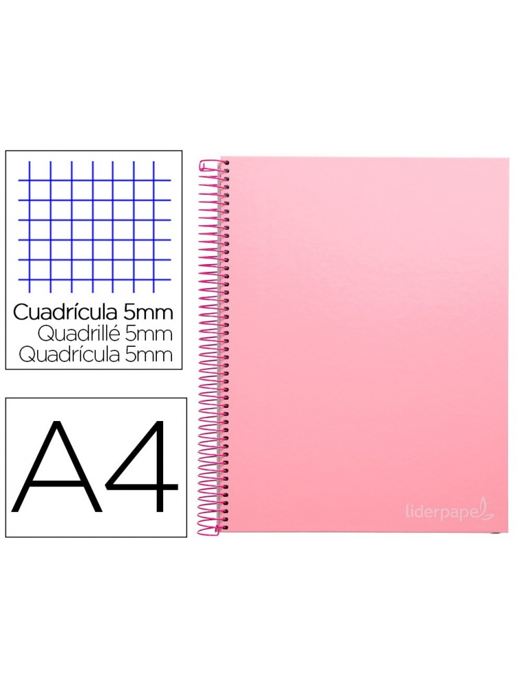 Cuaderno espiral liderpapel a4 micro jolly tapa forrada 140h 75 gr cuadro 5mm 5 bandas 4 taladros color rosa