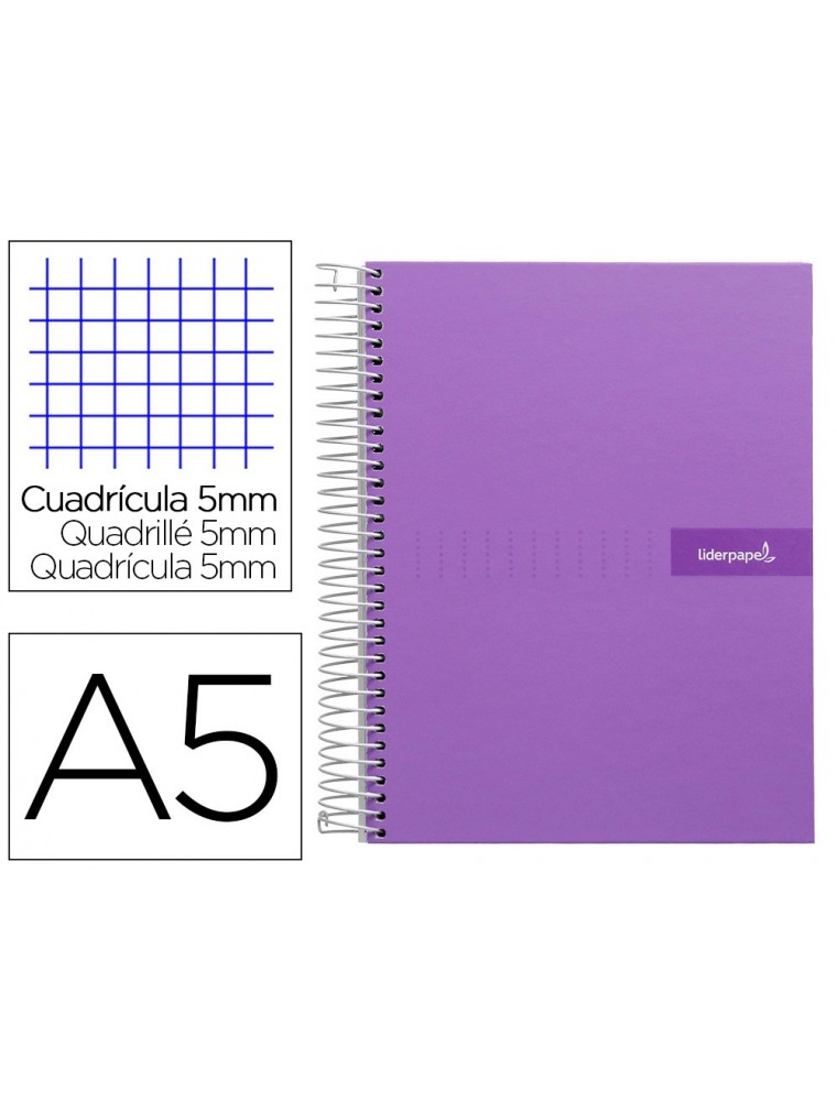 Cuaderno espiral liderpapel a5 micro crafty tapa forrada 120h 90 gr cuadro 5mm 5 bandas6 taladros color violeta