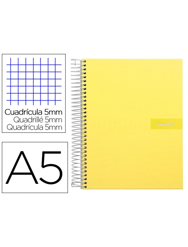 Cuaderno espiral liderpapel a5 micro crafty tapa forrada 120h 90 gr cuadro 5mm 5 bandas6 taladros color amarillo